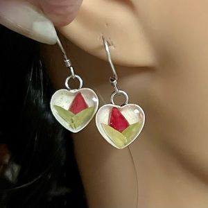 925 red rose in heart pierced wire earrings
